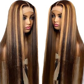 Tuheerst Blonde Human Hair Wig, Straight Real Hair Wig, Women's 4x4 P427 Highlight Swiss Lace Brazilian Real Hair, Remy Hair, Pre-Plucked, Natural Hairline with Baby Hair, 24 Inches (61 cm)