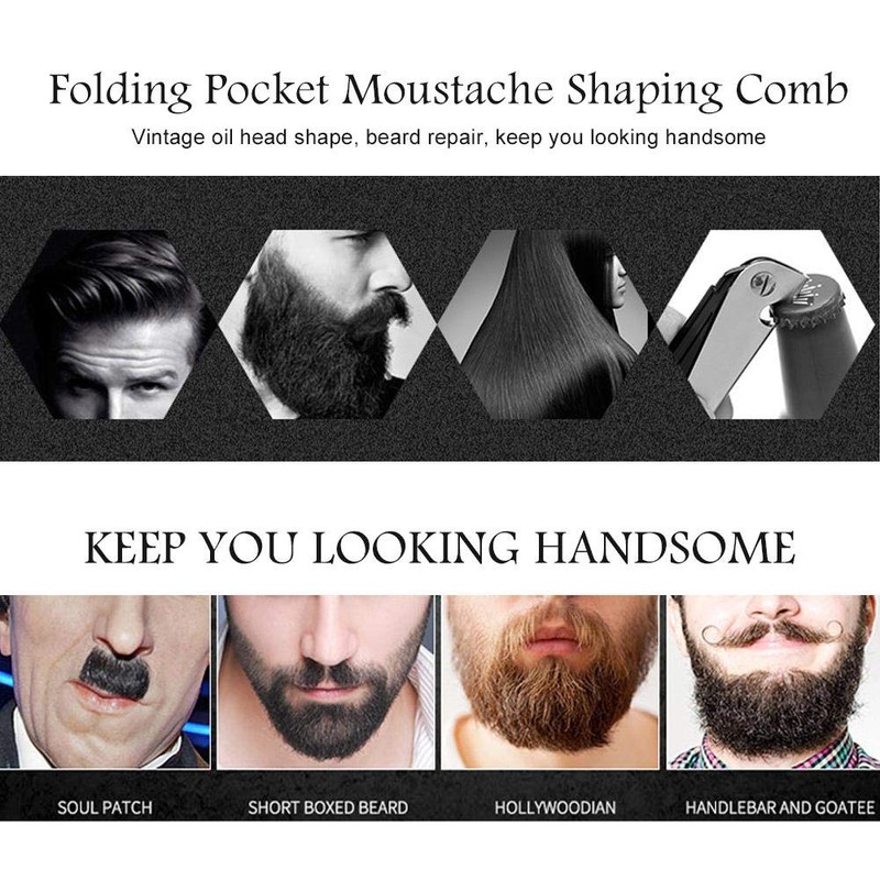 Stainless Steel Beard Comb, Portable Folding Pocket Moustache Comb for