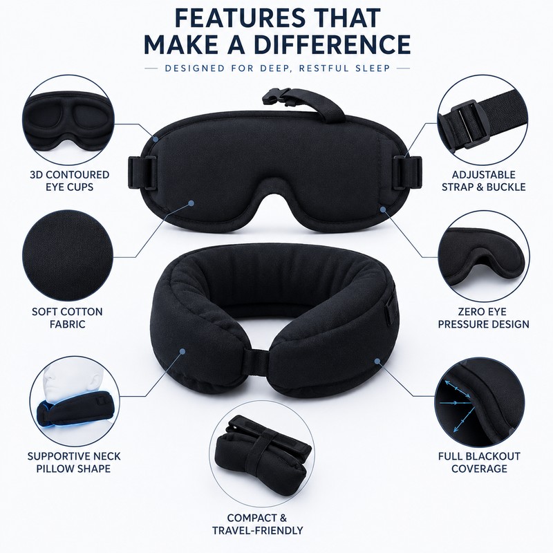3D Sleep Eye Mask with Travel Neck Support – Cotton
