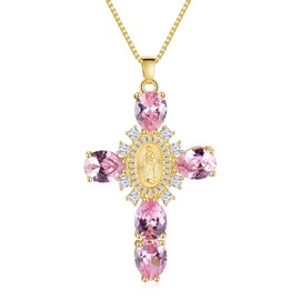 Planetglitter 18K Gold Plated Virgin Mary Guadalupe Necklace - Big Cross Pendant Pendant for Women Girls - Cute Y2K Jewelry Gifts (Gold-Pink)