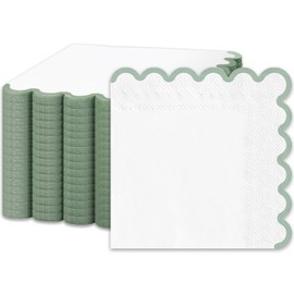 FYSUIMU Sage Green Scalloped Cocktail Napkins Disposable Pastel Green Paper Beverage Napkins for Wedding Baby Shower Summer Party Table Supplies, 50 Pcs
