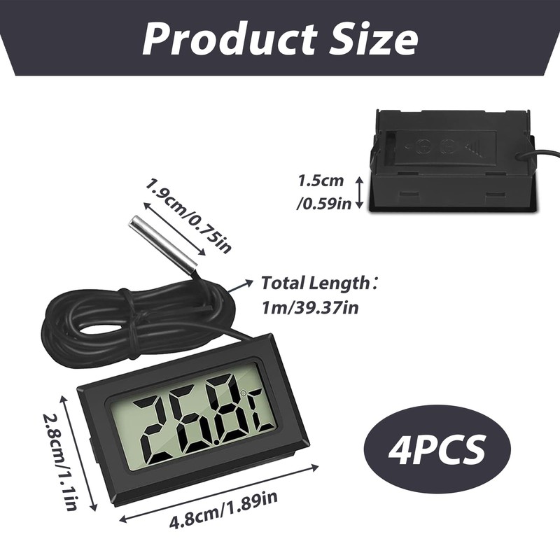 4 Pcs Digital Thermometer Temperature, Fridge Thermometer with External Probe