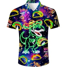 RAISEVERN Mens Hawaiian Button Down Short Sleeve Funny Neon Dinosaur Taco Pancake Beach Party Tropical Holiday Casual Shirts