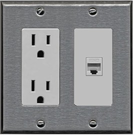 RiteAV - 15 Amp Power Outlet and 1 Port Cat5e Ethernet Decorative Type Wall Plate - Stainless Steel/Gray