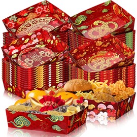 Geyoga 36 Pcs Chinese New Year 2025 Paper Plates Snake Decoration Lunar New Years Eve Food Trays 5 lb Large Paper Nacho Boats Disposable Snack Tray for Chinese New Year Spring Festival Celebration