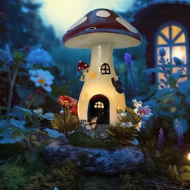 coonoe Solar Garden Statue - Fairy Garden Mushroom House Light, Solar Yard Decor, Garden Ornaments Present, Waterproof Decoration for Patio Lawn
