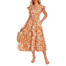 Women's Floral Midi Dress Cap Sleece A Line Beach Sun Dresses High Waist Casual Swing Maxi Flowy Dress with Pockets