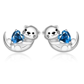 Cute Otter Earrings for Women - 925 Sterling Silver Birthstone Sea Otter Stud Earrings Cute Animal Stud Heart-Shaped CZ Diamond Hypoallergenic Jewelry Gift (Birthstone Dec.)