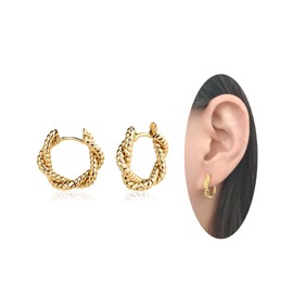 Teppdfann 18K Gold Plated Huggie Hoop Earrings - Twisted Texture Minimalist Earrings, Simple Sleep Earrings for Daily Wear