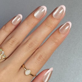 Pink French Tip Soft Gel Press on Nails Short Almond Cats Eye Fake Nails Designs Bling Acrylic Nails Full Cover Stick on Nails Glossy Thickened False Nails with Nail Glue for Women's Daily