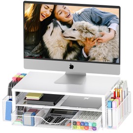 OPNICE Desk Organizers and Accessories, 2-Tier Computer Monitor Stand for Desk Organizer with Drawer and 2 Pen Holders, Office Desk Accessories Workspace Desktop Organizers for Office Supplies, White