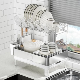 Ewaiira Dish Drying Rack, 2 Tier Large Dish Rack, Stainless Steel Dish Drainer for Kitchen Counter, Dishes Rack with Automatic Drainage, Utensil Holder,Cups Holder,Space Saving Kitchen Organizer,White