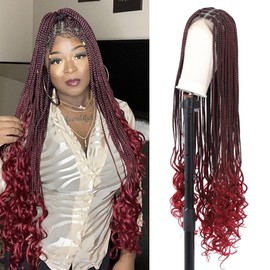 Olymei Box Braid Wigs With Boho Curls Ends Square Knotless Braided Wigs for Women Braided Lace Wig with Baby Hair Human Hair Blended Full Double Lace Front Braided Wig 38" Burgundy