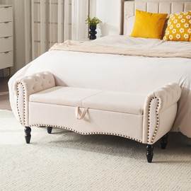 Furniliving Storage Ottoman Bench for Bedroom, Upholstered End of Bed Bench with Solid Wood Legs Modern Shoe Storage Bench Indoor Bench for Living Room Entryway Bench Furniture,Beige, Linen