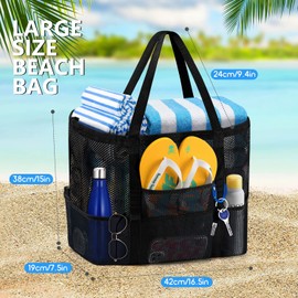 Ayieyill Mesh Beach Bag Tote Bag for Women, Foldable Swim Large Beach Tote Bag with Zipper Pockets Waterproof Sandproof(A/Black)
