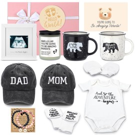 Teenyyou 15 Pcs New Mom Gifts for Women Pregnancy Gifts for New Parents Gender Reveal Gifts Bear Mug Decision Coin Baby Socks Bodysuit Set for First Time Moms Expecting Parents to Be and Baby Shower