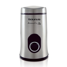 Taurus Aromatic - Kaffeemühle | 150W | 50 g | Kaffeebehälter | Start per Knopfdruck | Klingen und Behälter aus rostfreiem Stahl | Kabelauffangbehälter | Feiner Mahlgrad | Grau