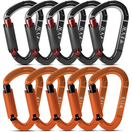 FVW 10 Pack Heavy Duty Climbing Carabiners, 25KN UIAA Certified Auto Locking Climbing Clips for Hammocks, Swing, Locking Dog Leash and Harness, Camping, Hiking & Utility (Black*5&Orange*5)