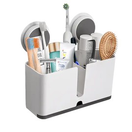 POTENTIA 2024 Wall Mount Adhesive No Drill Toothbrush, Toothbrush, Razor, Shaving Cream and Toothpaste Holder with Drainage Tray Multi-Functional Storage Bathroom Kitchen Organizer with Compartments