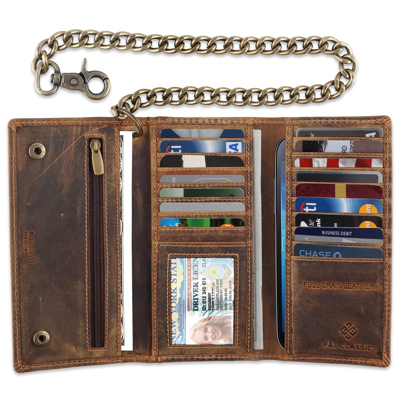 F&L CLASSIC RFID Blocking Mens Tri-fold Long Style Cowhide Leather
