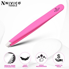 Nivico Tools Eyebrow Tweezers for Women facial Hair |Slant Stainless Steel 9.5cm Ingrown Hair Tweezers for Eyebrows, Chin & Face (Pink Coated)