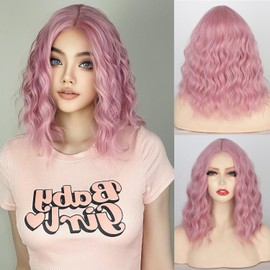 incohair Pink Wigs for Women Short Wavy Lace Hairline Wig Colored 14Inch Shoulder Length Middle Part Synthetic Pink Curly Short Wigs for Cosplay Party Use