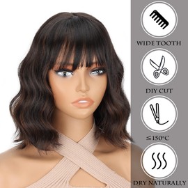 LINGHANG Black Wig with Highlights,Short Wavy Black Wigs with Bangs Shoulder Length Bob Curly Wavy Black Wigs for Women Synthetic Cosplay Wig for Date Daily Use