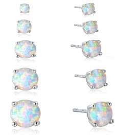 GEMSME 18K White Gold Plated 3/4/5/6/7mm Round Opal Stud Earrings Pack of 5