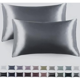 Satin Pillow Shams 2 Pcs Super Soft and Luxury Pillowcases (Standard 48cm x73cm, Gray)