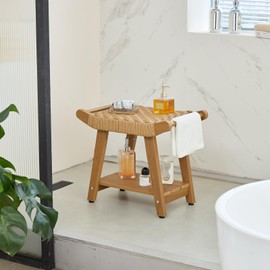 JemKelly Rattan Shower Bench seat with Storage Shelf,Poly Plastic Shower Bench for Shaving Legs, Comfortable Bath Shower Stool Chair for Spa Bathroom, Weather Resistant/Non-Slip/Handles (QM11212).