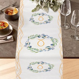 Table Runner Christening, Communion Confirmation Decoration, Table Decoration, White with Goldfish Wreath Design for Boys, Girls, Baby, 270 x 30 cm