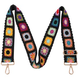 Greaciary Wide Purse straps Crochet Flower replacement crossbody for Handbags Adjustable Embroidery Knit Guitar Shoulder strap for Bag (Black floral)