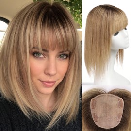starluck Hair Toppers for Women with Bangs, 5"*5.5"Large Coverage Ombre Ash Blonde 100% Real Human Hair,Cover Gray HairRoots,Best Hairtoppers for ThinHair