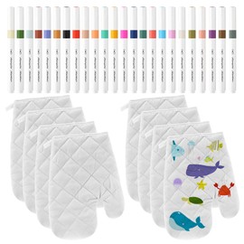 32 Pcs Oven Mitts Bulk for Craft Set Including 8 White Oven Mitt with 24 Makers for Kitchen Heat Resistant DIY Cooking and Baking Dining Room Accessories (Oven Mitts)