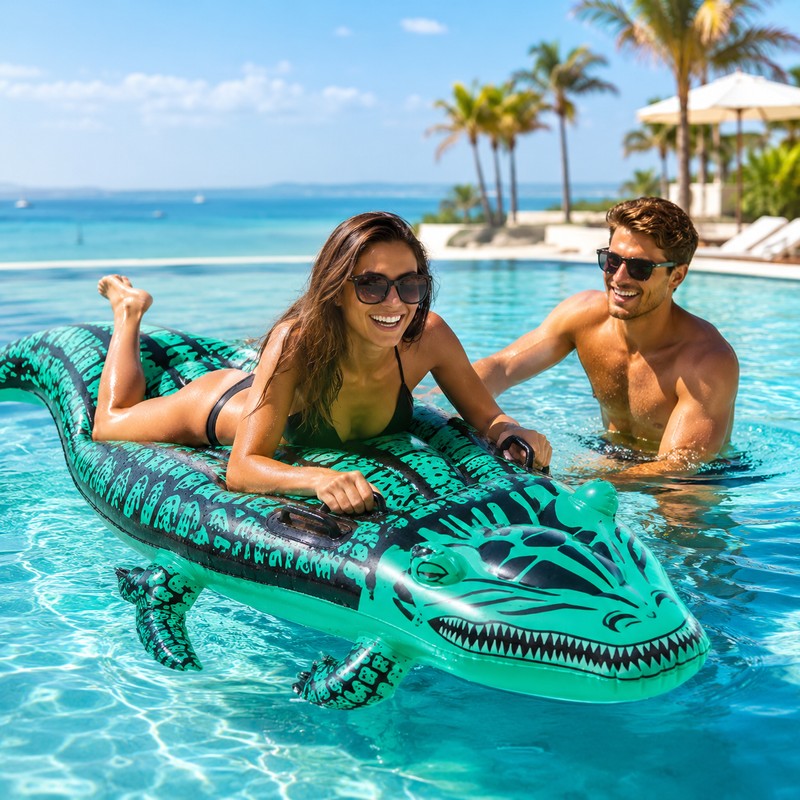 Crocodile Inflatable Ride-On Pool Float for Summer Fun – PVC