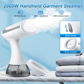 CKIKH Steamer for Clothes, Portable Clothes Steamer for Fabric Wrinkles Remover, 2000W Handheld Steamer with 280ml Tank, 20-Second Fast Heat-up, Convenient Clothes Steamer for Home, Office and Travel