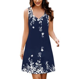 SAUKOLE Womens Sleeveless T Shirts Dresses Summer Casual V Neck Boho Sundress Flowy Short Mini Dress