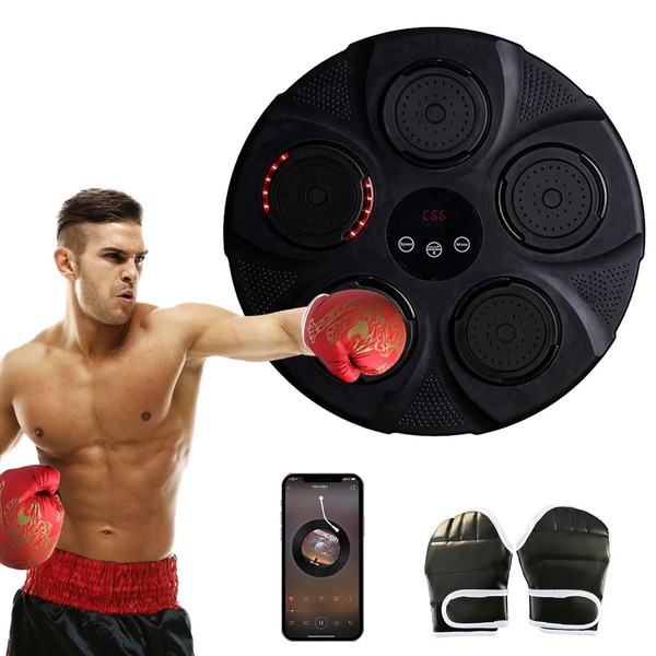 Musical Boxing Machine, Portable Electronic Musical Boxing Wall Target Machine with Boxing Gloves, Bluetooth Linkage, Stress Management and Family Entertainment (Black)