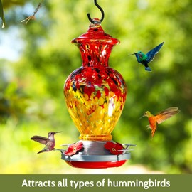 Birdkiss Hummingbird Feeder, Hand Blown Glass Hummingbird Feeders for Outdoors, Never Fade, 28 Fluid Ounces, 4 Feeding Metal Stations, Garden Backyard Decorative, Present for mom(Red&Yellow)