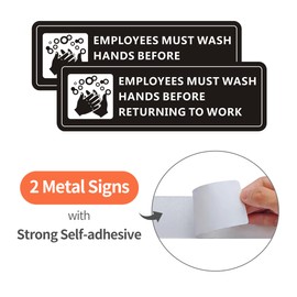 MongFun Employees Must Wash Hands Sign, (2 Pack) Self-Adhesive Metal Signage for Office Bathroom, 7 x 2 Inch Waterproof Aluminum Signs for Indoor Outdoor Use (Black)