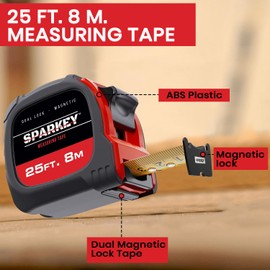 Sparkey 25ft/8M Retractable Tape Measure with Magnetic Hook, Fractions, Dual Lock, Shock-Absorbing Metric Tool for Construction, Carpentry, and Architecture(Pack of 1)