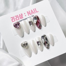 Water shine dripping heart full stone handmade nail tip - Stelletto / 물광 뚝뚝 하트풀스톤 수제네일팁 - 스텔레토