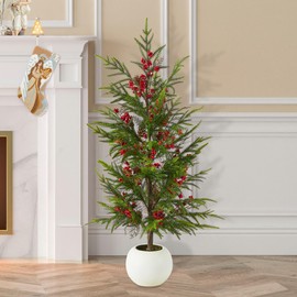 Glitzhome 37.5" H Artificial Christmas Tree, Greenery Potted Xmas Tree PE Dripping Pine Porch Tree with Pinecones and Red Berries, Ideal for Outdoor Indoor Home Holiday Decor