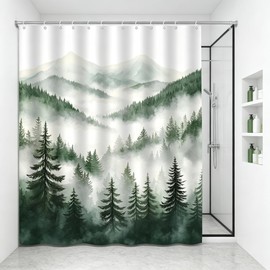 Dark Green Misty Pine Forest Shower Curtain Mountain Foggy Scenery,70x70IN