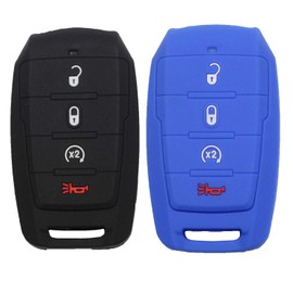 Btopars 2pcs 4 Buttons Silicone Rubber Remote Smart Key Fob Case Cover Protector Holder Compatible with Dodge Ram 1500 2019 2020 2021 2022 Black Blue