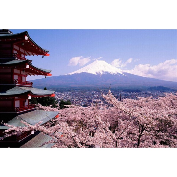 PROW® Natural Wood Wooden 1000 Piece Puzzles Mount Fuji Cherry Blossoms Jigsaw Puzzles for Adult Home Wall Decoration Gift, Finished Size 30 * 20 Inch
