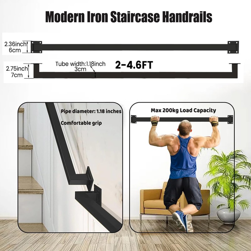 7ft Staircase Handrail for Indoor Stairs, Modern Hand Railings Grab
