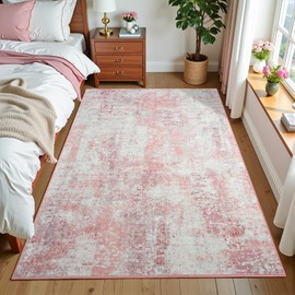 Flagover 3x5 Pink Washable Area Rug for Living Room Bedroom, Modern Abstract Non-Slip Rugs, Low Pile Soft Stain Resistant Carpet for Dining Room, Kitchen, Office, Dorm, Bedside Decor