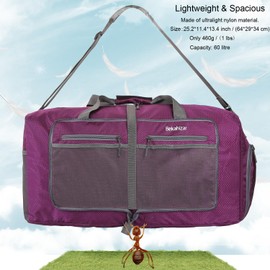 Bekahizar 60L Foldable Duffle Bag Large Lightweight Packable Travel Weekend Duffel with Shoe Compartment and Shoulder Strap for Luggage, Gym, Sport, Camping, Storage, Shopping (Purple)