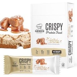 Genius Gourmet Barrita de proteína crujiente con caramelo salado, snack cetogénico, bajo en carbohidratos, bajo en azúcar y sin gluten, snacks proteicos para adultos, 10 g de proteína de suero por b